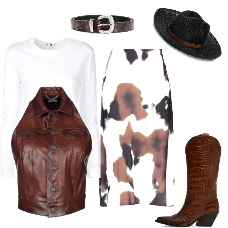 Outfit femme - En mode country. Style Bon Ton pour Soirée dehors. Assortir avec jupes au genou, pardessus, bottines, haut, ceinture, bonnets.