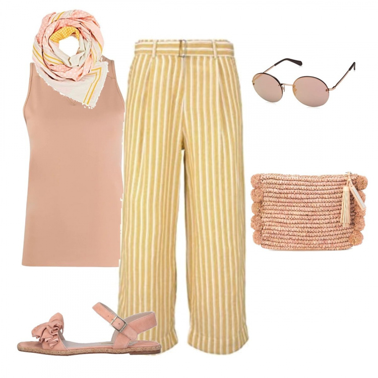 Outfit femme - Tendance pochette foulard. Style Bon Ton pour Tous les jours. Assortir avec jupe-culotte, pochette, débardeur, écharpe, lunettes, sandales.