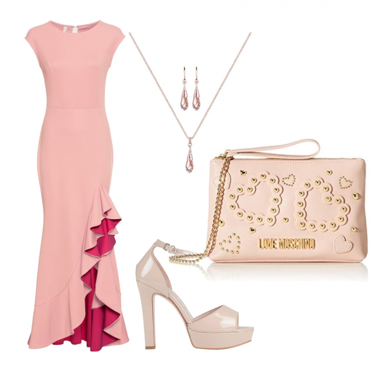 Outfit donna - Cena anniversario. Stile Chic per Serata fuori. Abbinamento con sandali in pelle, vestiti, borse a mano.