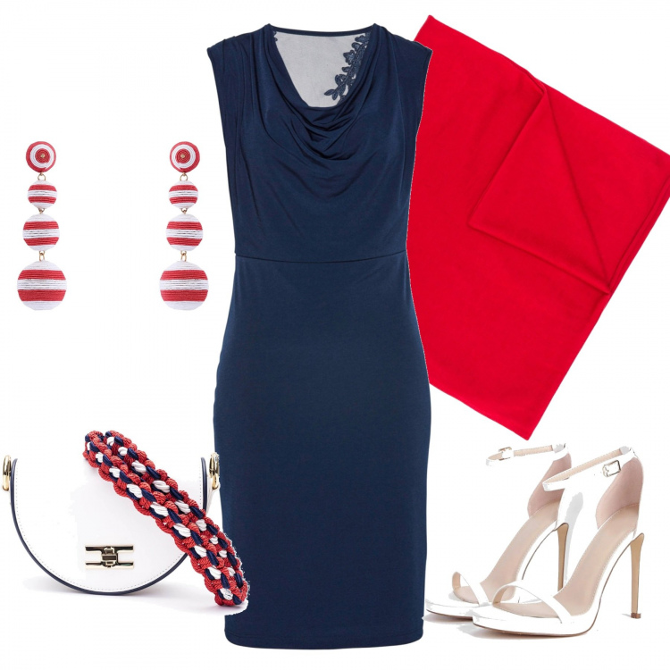 Outfit donna - Cena al mare. Stile Chic per Serata fuori. Abbinamento con orecchini, vestiti, scarpe col tacco, sciarpa, borse a mano.