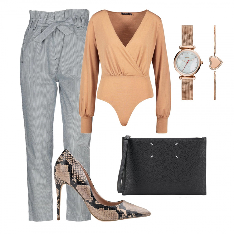 Outfit femme - Tendance animal. Style Chic pour Tous les jours. Assortir avec body, pantalon , chaussure à talon, pochette, montre.