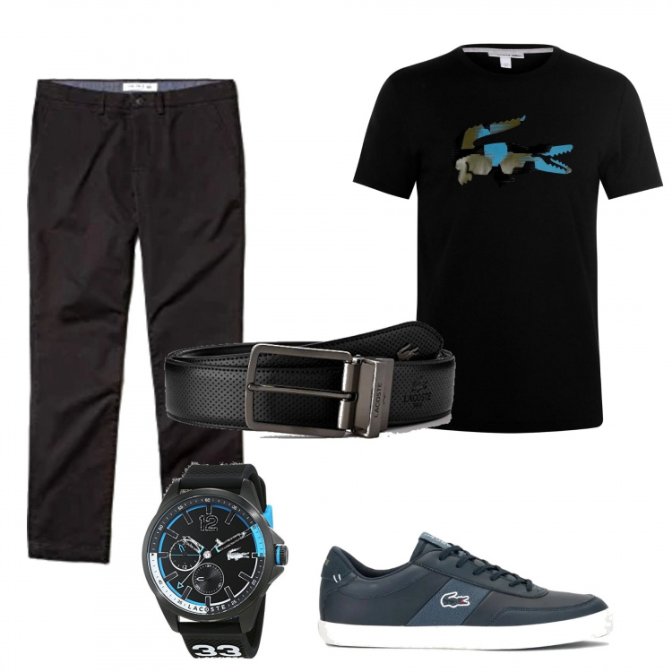 Outfit uomo - Total Look Lacoste. Stile Casual per Tutti i giorni. Abbinamento con sneakers, pantaloni, orologio, t-shirt, cinture.
