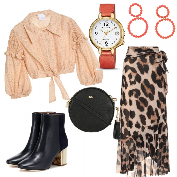 Outfit femme - Jaguar au féminin. Style Ethnique pour Tous les jours. Assortir avec jupe mi-longue, sacs en bandoulière, bottines, montres, boucles d'oreilles, chemise.
