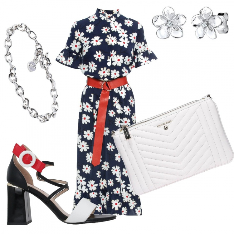 Outfit donna - Serata curvy. Stile Trendy per Serata fuori. Abbinamento con sandali con tacco, braccialetti, vestiti, clutch, orecchini.