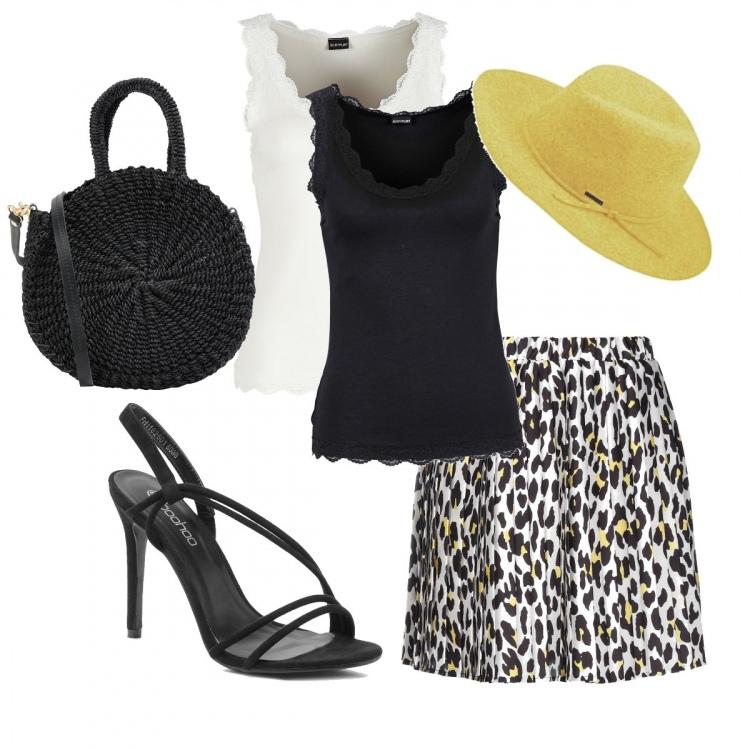 Outfit donna - Una punta di giallo. Stile Bon Ton per Serata fuori. Abbinamento con top, gonna longuette, borse a mano, scarpe col tacco, cappelli.