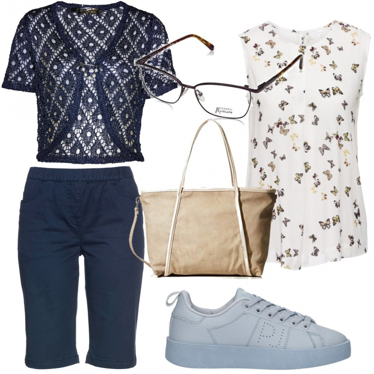 Outfit donna - Basic #26111. Stile Basic per Tutti i giorni. Abbinamento con top, bermuda, bolero, sneakers, occhiali, borse a tracolla.