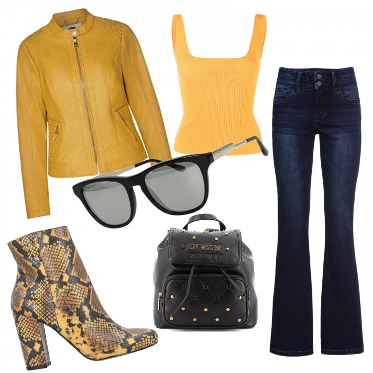 Outfit donna - Gita fuori porta!. Stile Trendy per Tutti i giorni. Abbinamento con jeans bootcut, stivaletti, occhiali da sole, top, blazer, zaino.