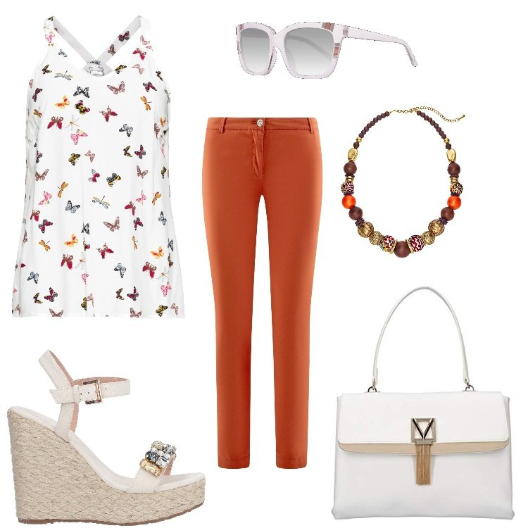 Outfit donna - In città, curvy. Stile Basic per Tutti i giorni. Abbinamento con top, collane, sandali con tacco, pantaloni chino, borse a mano, occhiali da sole.