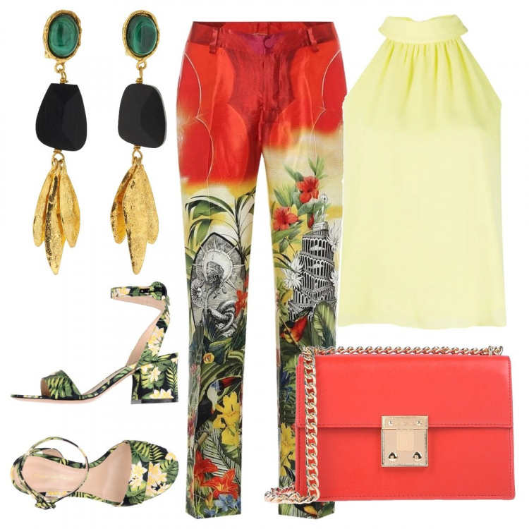 Outfit donna - Aperitivo in città. Stile Trendy per Serata fuori. Abbinamento con top, sandali col tacco, borse a tracolla, pantaloni, orecchini.