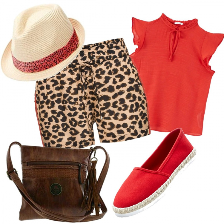Outfit donna - Maculato e rosso, mix perfetto. Stile Trendy per Tutti i giorni. Abbinamento con sciarpe, espadrillas, bluse, borse a mano, cappelli.
