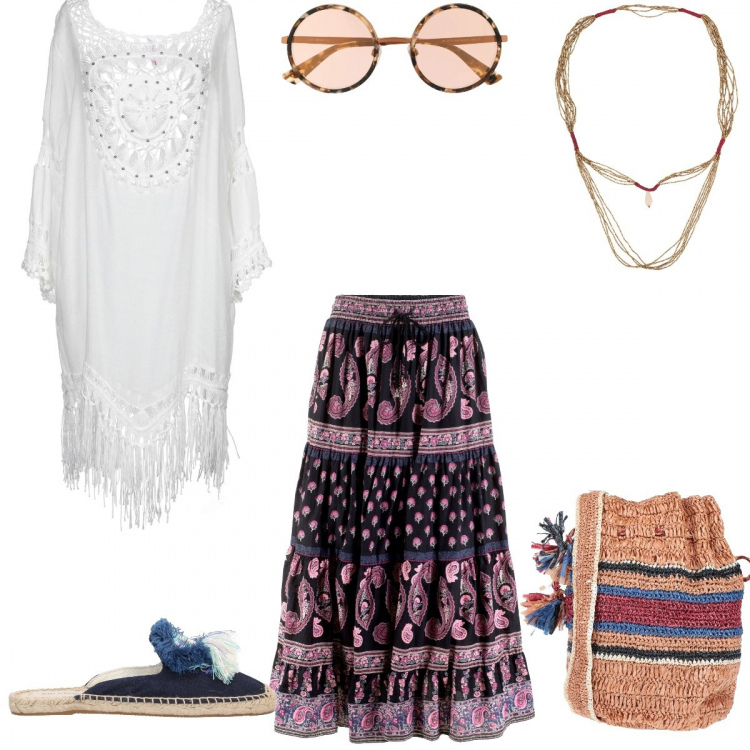 Outfit donna - Boho Style Trend. Stile Etnico per Tutti i giorni. Abbinamento con gonne lunghe, caftani, espadrillas, borse a tracolla, collane, occhiali da sole.