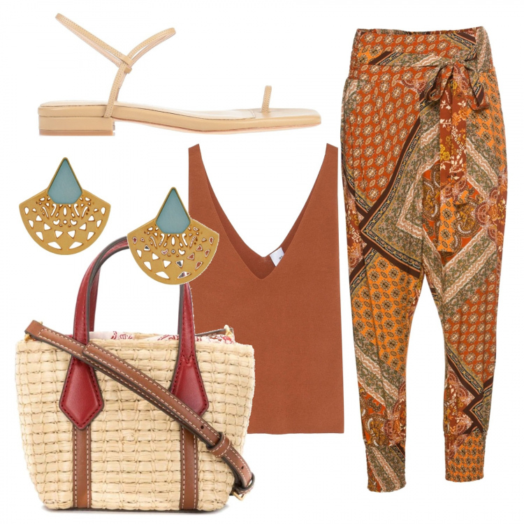 Outfit donna - Scopriamoci. Stile Trendy per Tutti i giorni. Abbinamento con top, orecchini, infradito, pantaloni, borse.