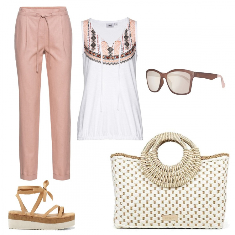 Outfit donna - Basic and chip. Stile Basic per Tutti i giorni. Abbinamento con pantaloni, top, scarpa, borse a mano, occhiali da sole.