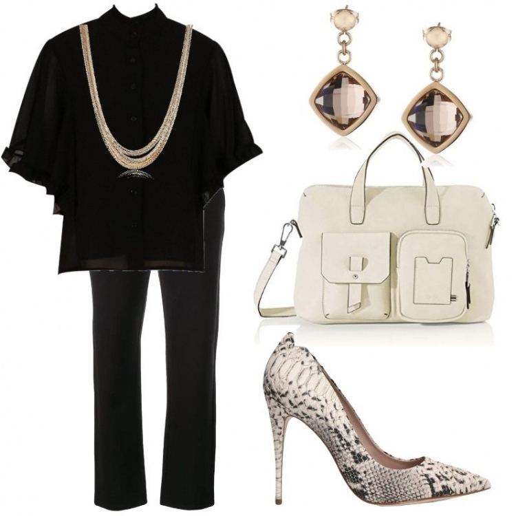 Outfit femme - Animalier. Style Sexy pour Soirée dehors. Assortir avec chemise, chaussures à talon, colliers, sac à main, boucles d'oreilles, pantalon long.