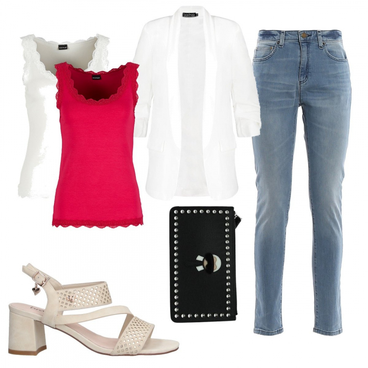 Outfit donna - Una cena speciale. Stile Basic per Serata fuori. Abbinamento con top, sandali in pelle, blazer, pochette, jeans.