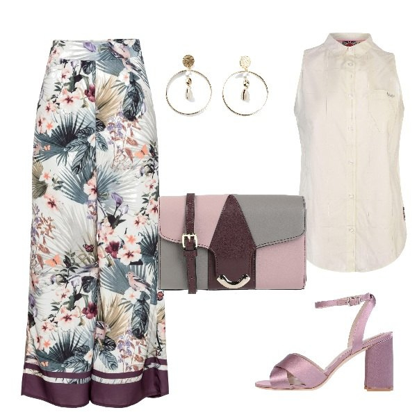 Outfit donna - Il pantalone fantasia. Stile Chic per Tutti i giorni. Abbinamento con pantaloni, orecchini, sandali col tacco, borse a spalla, camicie.