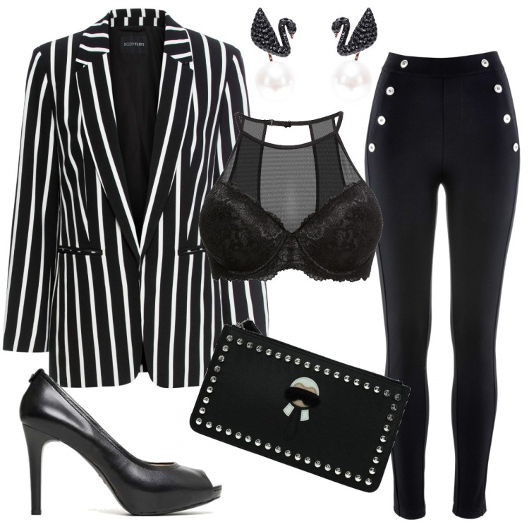 Outfit donna - Quasi Total Black. Stile Sexy per Serata fuori. Abbinamento con leggings, blazer, reggiseni, orecchini, pochette, décolleté.