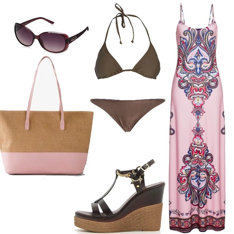 Outfit donna - Mare, curvy, hippy romantica. Stile Etnico per Mare. look ideale per Tall. Abbinamento con vestiti corti, shopping bag, sandali, costumi, bikini, occhiali da sole.