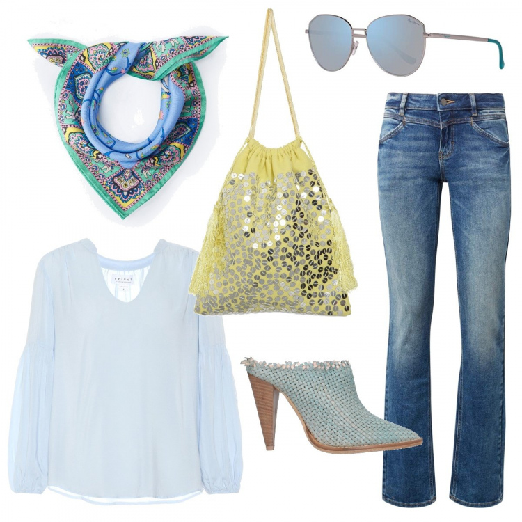 Outfit femme - Terrasse avec des amis. Style Tendance pour Tous les jours. Assortir avec jean coupe droite, sandales à talon, tuniques, lunettes, pochette.