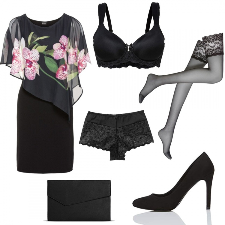 Outfit donna - L\'anniversario di nozze. Stile Chic per Serata fuori. Abbinamento con reggiseni, culotte, vestiti, calzini, scarpe col tacco, portafogli.