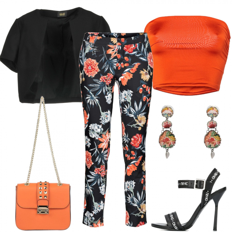 Outfit donna - Aperitivo. Stile Trendy per Serata fuori. Abbinamento con pantaloni, top, blazer, borse a spalla, orecchini, sandali col tacco.