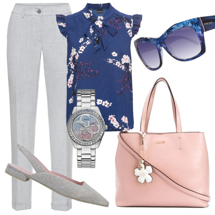 Outfit donna - Pantaloni e blusa trendy. Stile Trendy per Ufficio. Abbinamento con borse tote, ballerine, orologi, bluse, pantaloni, occhiali da sole.