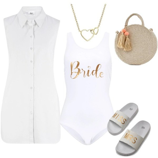 Outfit donna - Un addio al nubilato sulla spiaggia. Stile Basic per Mare. Abbinamento con camicie, costumi interi, ciabatte, pochette, collane.