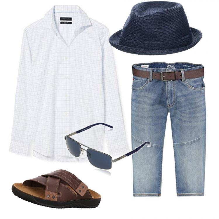 Outfit hombre - Hipster. Estilo Trendy para Todos los días. Combinación con sombreros, bermudas, sandalias, gafas de sol, camisas.