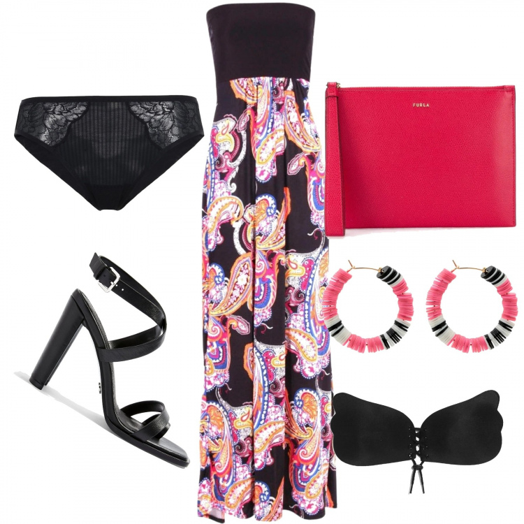 Outfit donna - Aperitivo romagnolo. Stile Chic per Serata fuori. Abbinamento con slip, infradito, orecchini, vestito lungo, reggiseno, clutch.