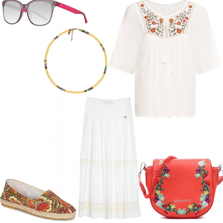 Outfit donna - Boho Urban Style. Stile Etnico per Tutti i giorni. Abbinamento con tuniche, gonna lunga, collane, espadrillas, borse a tracolla, occhiali da sole.