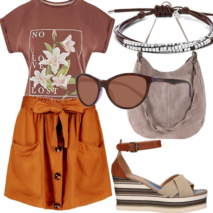 Outfit donna - I colori della terra. Stile Basic per Tutti i giorni. Abbinamento con borse a mano, minigonna, sandali, t-shirt, braccialetti, occhiali da sole.