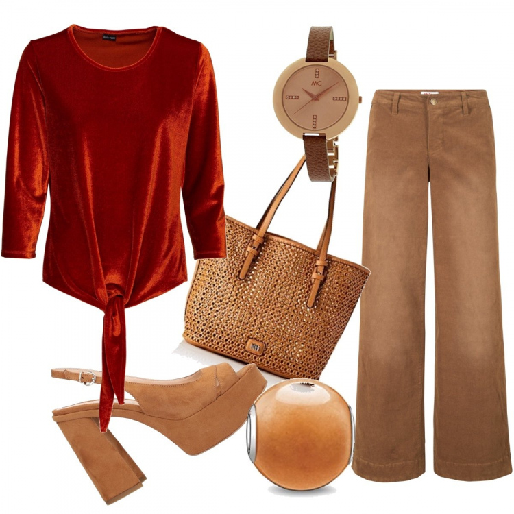 Outfit donna - Total look #616922. Abbinamento con pantaloni, pullovers, sandali col tacco, borse a spalla, orologi, ciondoli.
