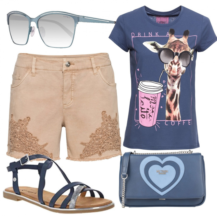 Outfit donna - Giraffina. Stile Basic per Tutti i giorni. Abbinamento con t-shirt, shorts, borse a tracolla, sandali, occhiali da sole.