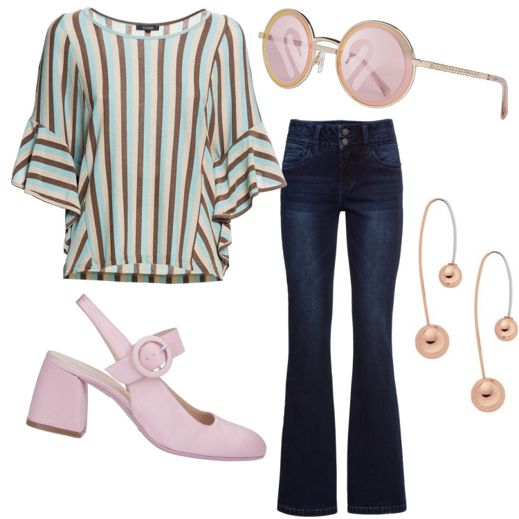 Outfit donna - La blusa a righe!. Stile Trendy per Tutti i giorni. Abbinamento con jeans bootcut, décolleté, bluse, orecchini, occhiali da sole.