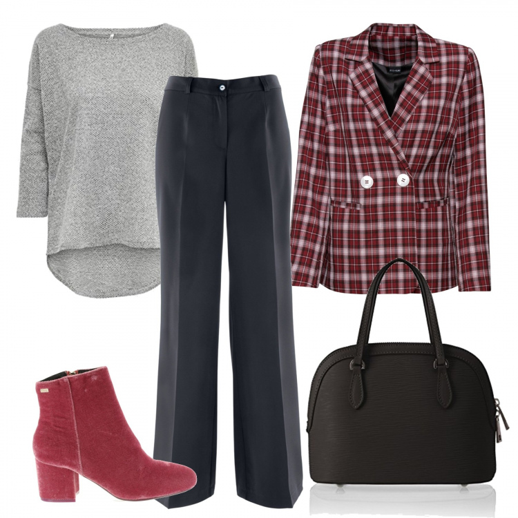 Outfit donna - Aperitivo winter style. Stile Urban per Tutti i giorni. Abbinamento con pantaloni, blazer, top, stivaletti, borse a mano.