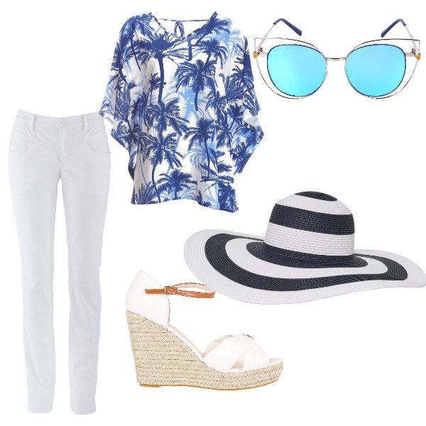 Outfit donna - Urban #655. Stile Urban per Tutti i giorni. Abbinamento con pantaloni, occhiali da sole contrasto effetto acetato blu, cappello in paglia bianco, tunica, sandali con zeppe e cinturino in pelle sintetica.