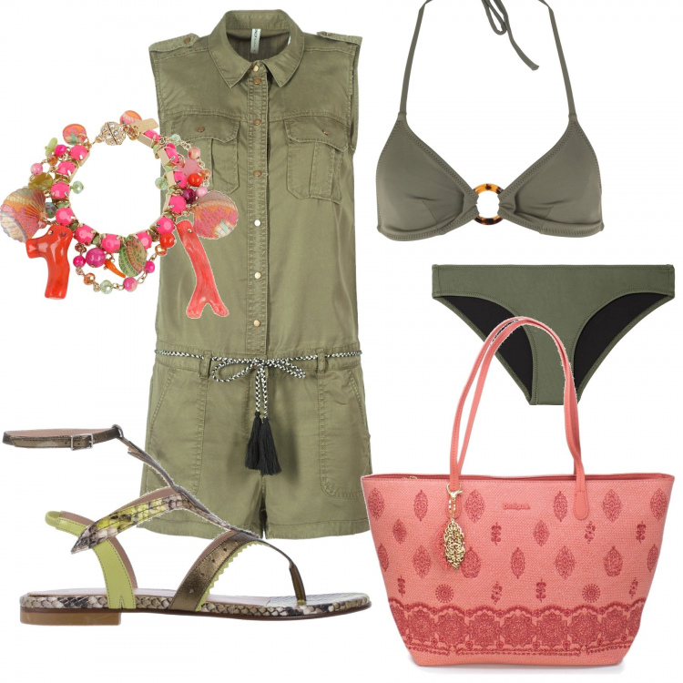 Outfit donna - Mare in verde. Stile Basic per Mare. Abbinamento con tute, borsa a spalla, reggiseni, infradito, bikini, braccialetti.