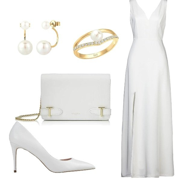 Outfit donna - L\'abito da sposa con lo spacco. Stile Chic per Cerimonia. Abbinamento con vestiti lunghi, décolleté, orecchini, anelli, pochette.