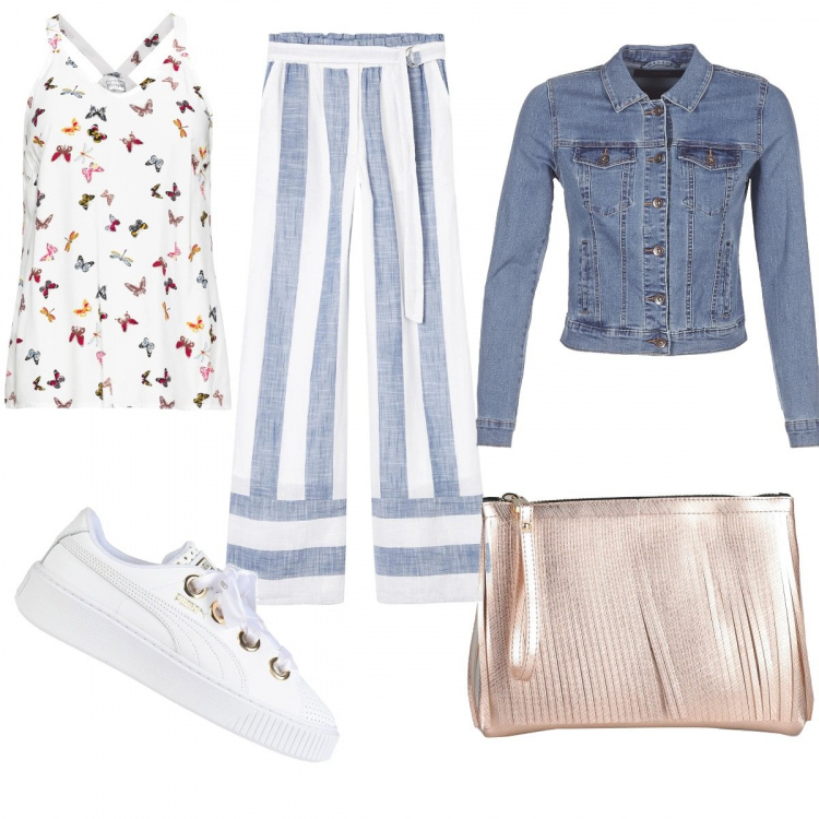 Outfit donna - Fantasie senza paura. Stile Trendy per Tutti i giorni. Abbinamento con top, sneakers, borse a mano, giacche, pantaloni a palazzo.