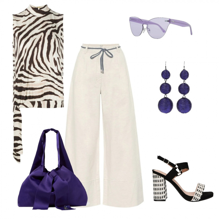 Outfit donna - Lino e zebrato. Stile Trendy per Tutti i giorni. Abbinamento con borse a spalla, orecchini, blusa, sandali, occhiali da sole, pantaloni a palazzo.