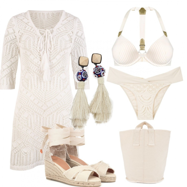 Outfit donna - Color crema. Stile Etnico per Mare. Abbinamento con vestiti da spiaggia, orecchini, bikini, borse tote, bikini, espadrillas.