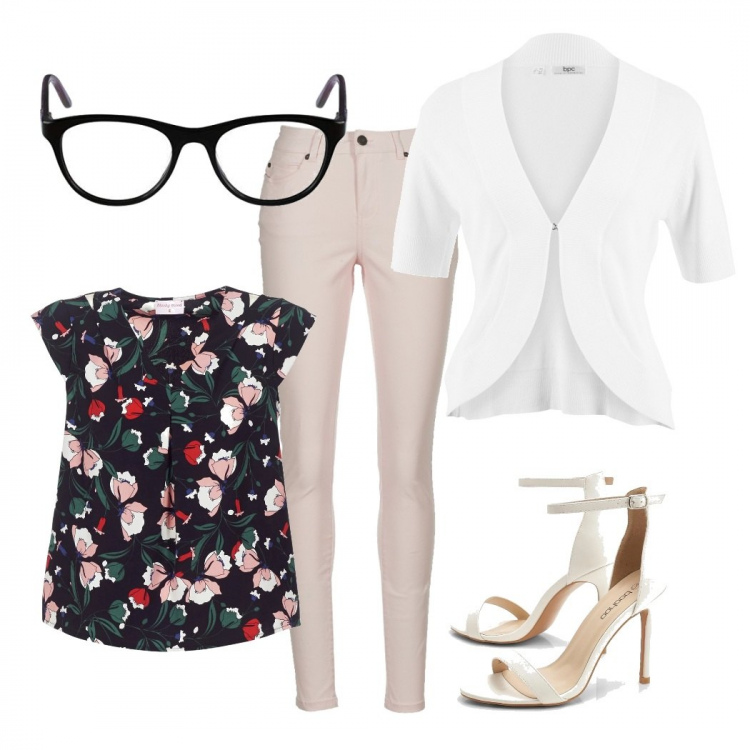 Outfit donna - In riunione. Stile Bon Ton per Ufficio. Abbinamento con bolero, scarpe col tacco, camicie, pantaloni, occhiali.