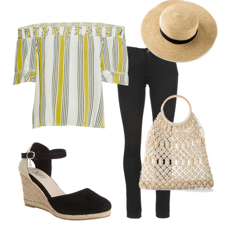 Outfit donna - A passeggio nel parco. Stile Basic per Tutti i giorni. Abbinamento con tuniche, borse a mano, maglieria, jeans, sandali.