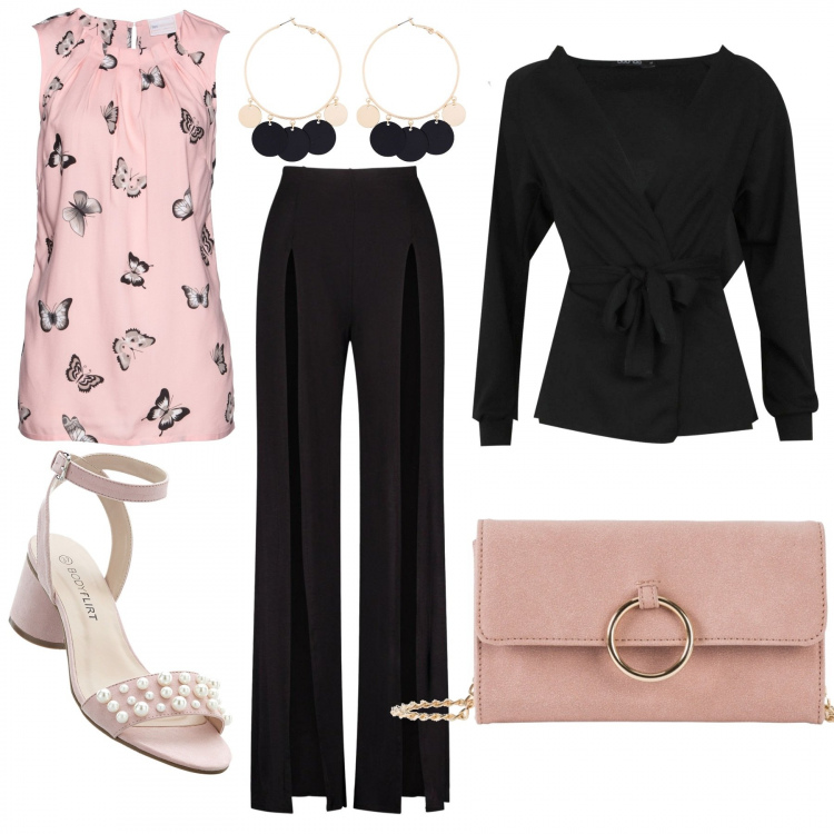 Outfit donna - Bon ton e farfalle. Stile Bon Ton per Tutti i giorni. Abbinamento con cappotti, top, sandali gioiello, orecchini, pantaloni a palazzo, cardigan.