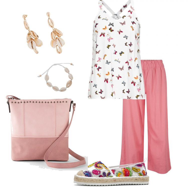 Outfit donna - Tutto Bonprix #summer curvy. Stile Basic per Mare. Abbinamento con top, espadrillas, pantaloni cargo, borse a spalla, orecchini.