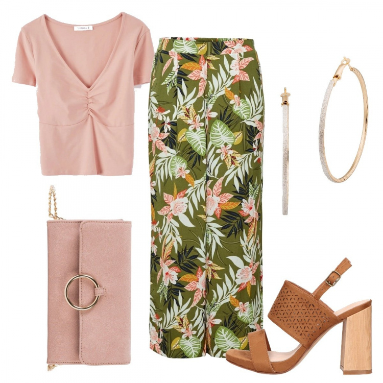 Outfit donna - Tacchi+Pantalone a fantasia. Stile Chic per Serata fuori. look ideale per Petite. Abbinamento con cappotti, orecchini, t-shirt, pantaloni, sandali in pelle.