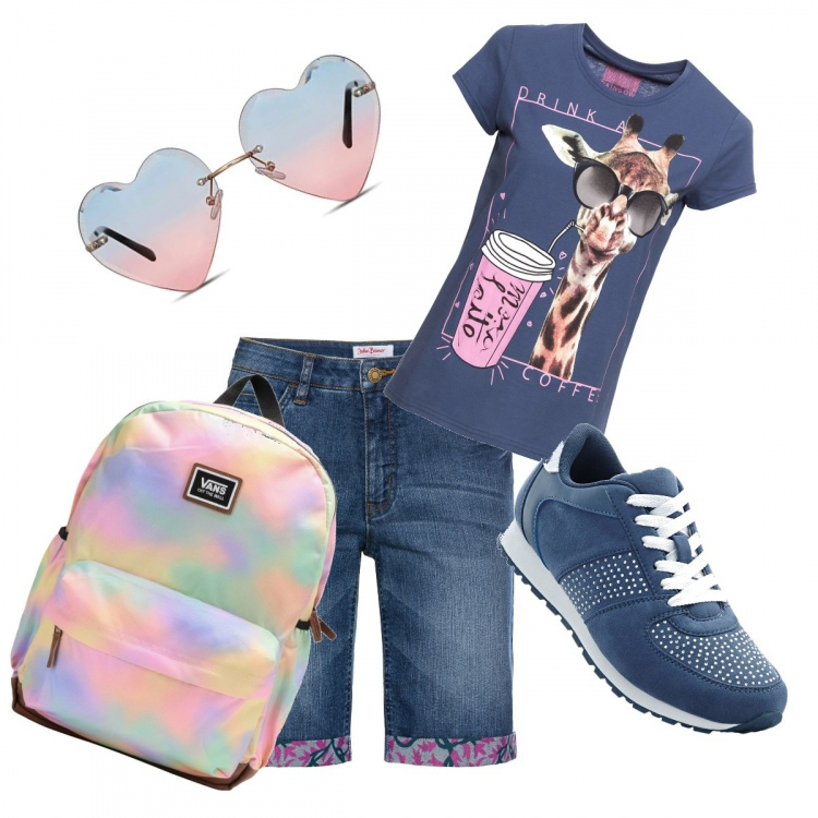 Outfit donna - Basic #26628. Stile Basic per Tutti i giorni. Abbinamento con bermuda, t-shirt, jeans dritti, zaini, occhiali da sole.