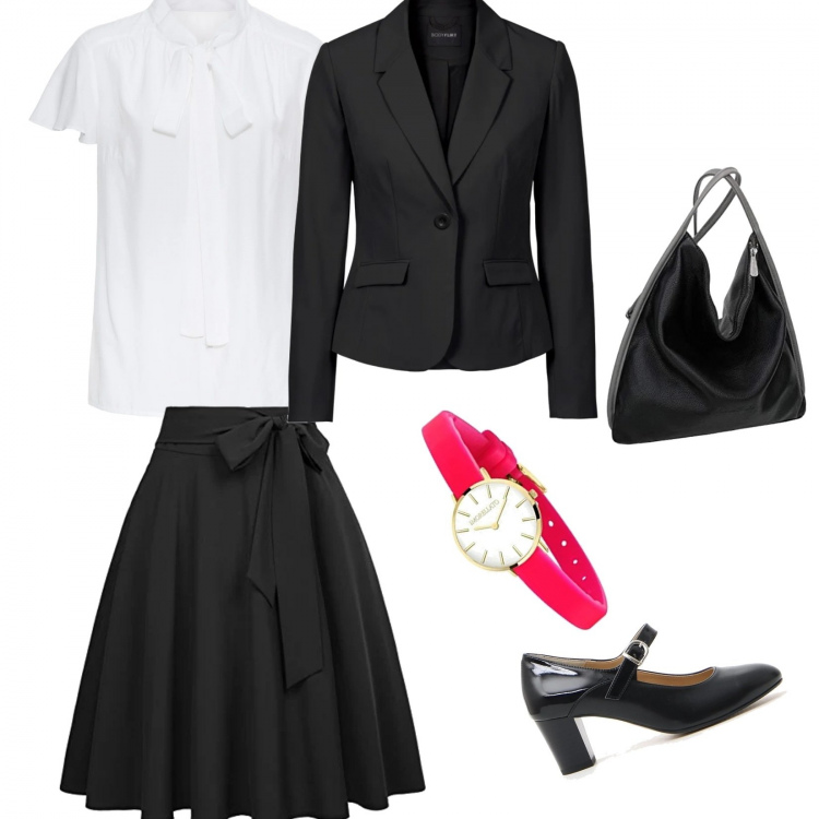 Outfit donna - Ufficio trendy. Stile Urban per Ufficio. Abbinamento con blazer, camicie a manica corta, gonne longuette, décolleté, orologio analogico, zaini.