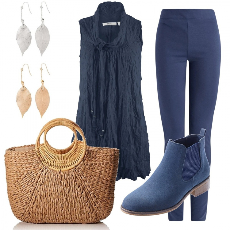 Outfit donna - Signora in blu. Stile Basic per Tutti i giorni. Abbinamento con top, leggings, stivaletti chelsea, borse a cartella, orecchini.