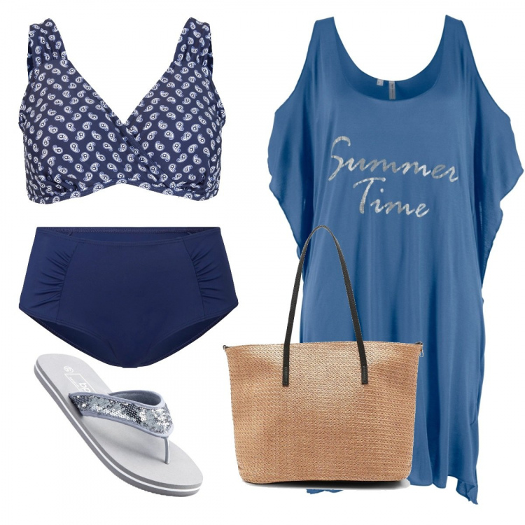 Outfit donna - In spiaggia. Stile Basic per Mare. Abbinamento con infradito, bikini, vestiti da spiaggia, maglieria, borsa.